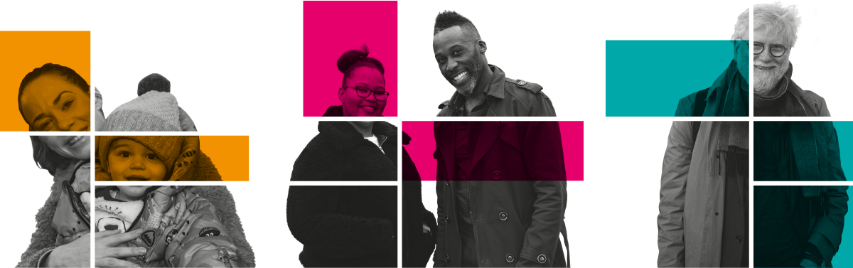 Montage of smiling woman & baby, woman, man and older man